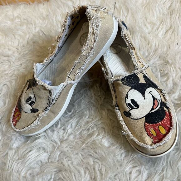 CROCS Mickey Mouse Disney Tan Canvas Slip On Loafer Flats Women’s 9 W - Picture 9 of 12